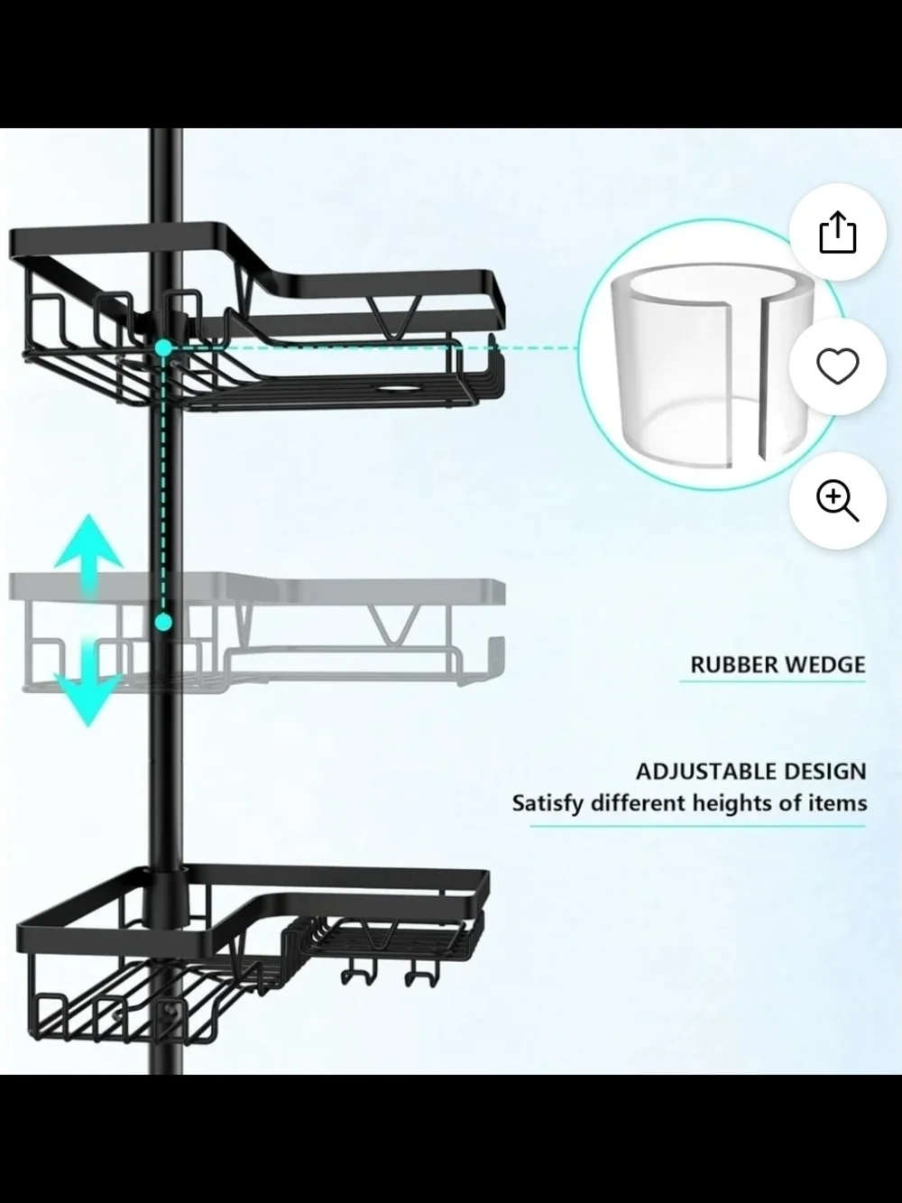 4-Tier Black Corner Shower Caddy with Hooks